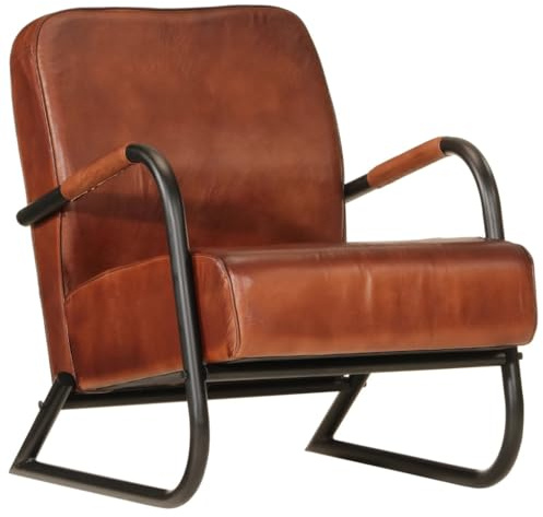 SooIarix fåtölj brunt äkta läder, loungefåtölj med robust järnram, 60 x 70 x 79 cm, öronfåtölj för vardagsrum, stoppad stol