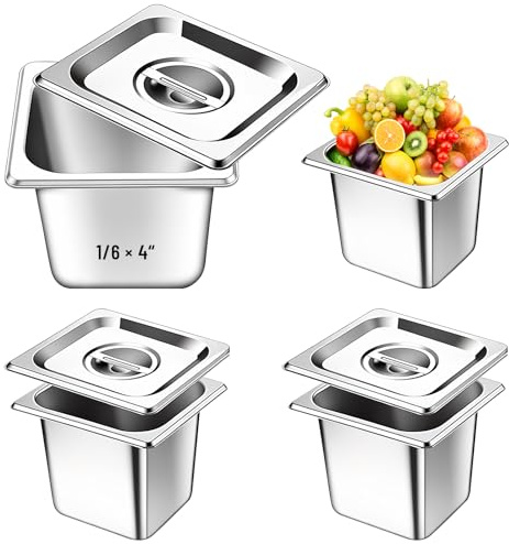 4 Stück GN 1/6 Behälter, 17,6 x 16,2 x 10 cm, Edelstahlbehälter mit Deckel, stapelbare Gastronomiebehälter, Gastronormbehälter, Gastrobehälter für Schnitzel Fleisch Fisch Obst Eis Sauce