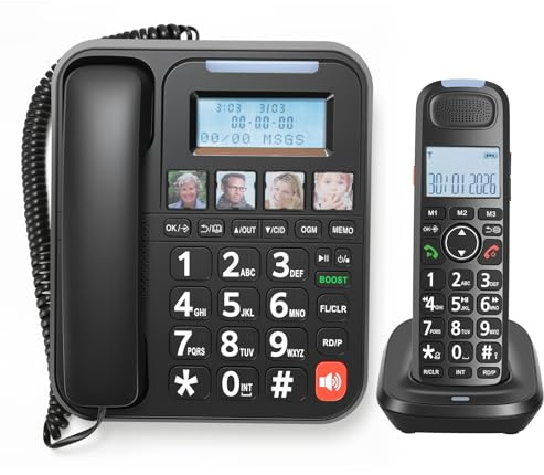 ORNIN D2015E Expandable Corded/Cordless Phone System with Answering Machine, Caller ID, Big Buttons, Speakerphone, Audio Assist - Home & Small Business