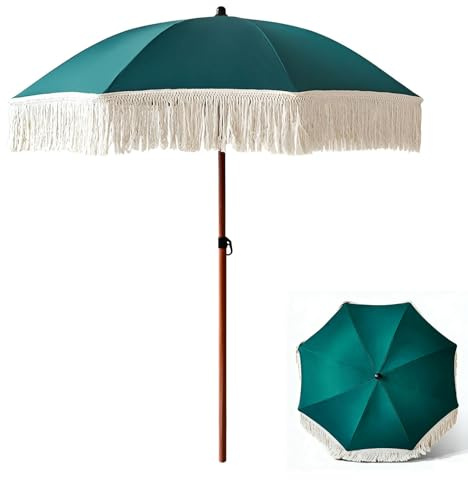 Ombrellone da Spiaggia Boho con Frange da 180 cm Palo in Alluminio Effetto Legno, Ombrellone da Giardino Verde per Balcone, Terrazza, Cortile