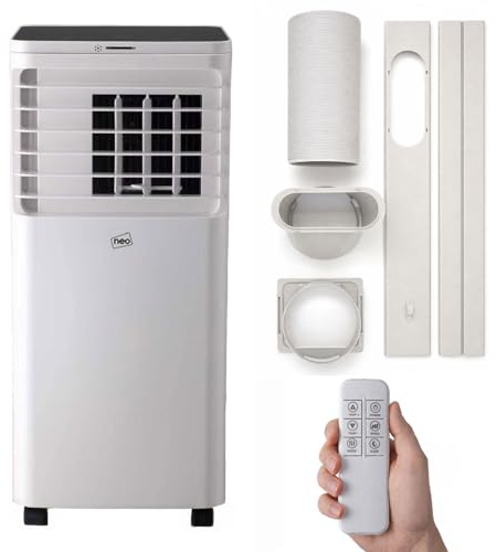 Neo 4-in-1 Portable Air Conditioner Cooling, Fan Dehumidifier Ventilation Remote Control 24H Timer Dual Window Kit Included Powerful Compact AC Unit for Home & Office (7000 BTU)