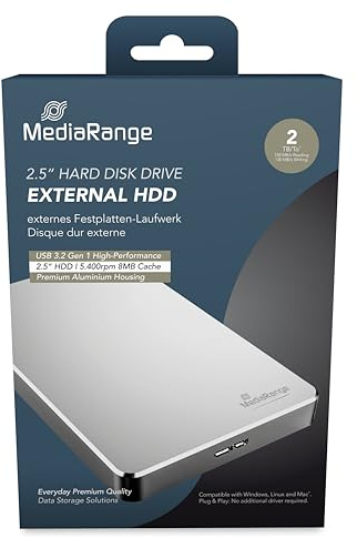 MediaRange 813055 - Disco Duro Externo de Aluminio USB 3.0, 2 TB, 2 TB, Color Plateado