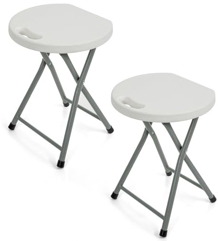 Folding Stools with Metal Frame, White Plastic Seat, Set of 2, Indoor Outdoor Use
