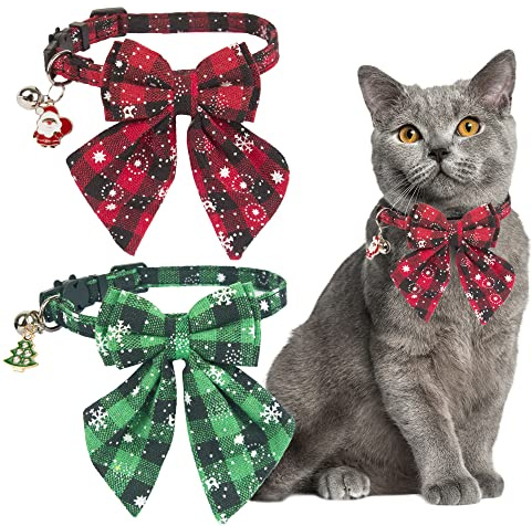 ADOGGYGO Weihnachtskatzenhalsband, mit stilvoller Schleife, 2 Stück, rot grün kariert mit Schneeflocke, Weihnachts-Kätzchen-Halsband mit Glocke, abnehmbare Fliege, Katzen-Weihnachtshalsband für Katzen