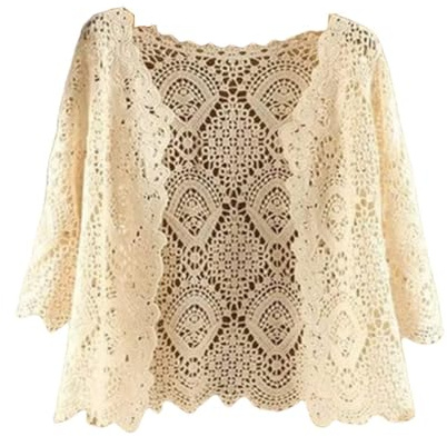 Cardigan kortärmad, bolero för kvinnor 3/4 Sleves kort cardigan snygg blommig spets blus jacka sommar virkad cardigan öppen framsida V-ringad festivaljacka strandöverdrag för klänningar, beige, Xx