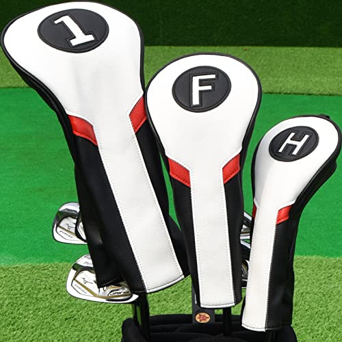Set di 3 coperture per mazze da golf in legno, 1FH DR FW UT per driver Fairway Hybrid con chiusura elastica n. Tag, in pelle PU bianca, nera e rossa