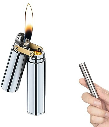YODOOLTLY 2 In 1 Vintage Torch Lighter Kerosene And USB Rechargeable Lighters Mini Cylindrical Nunchuck Windproof Smoking Tool For Men Collection Gift (Silver)