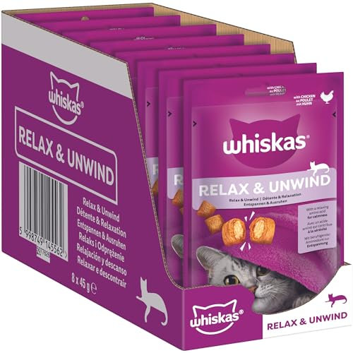 Whiskas Relax and Unwind - Cat Treats - Small Bite Size Snacks with Chicken Filling - 8 x 45 g