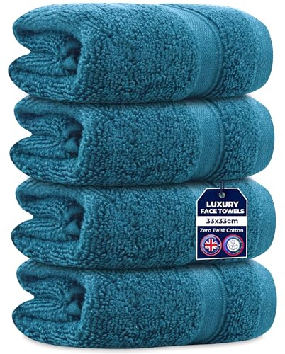 Towelogy 4 Packs Zero Twist Face Cloths 33x33cm - 100% Cotton Washcloths Absorbent & Super Soft Hotel Quality Towels | Oeko-Tex Certified (4, Teal Blue)