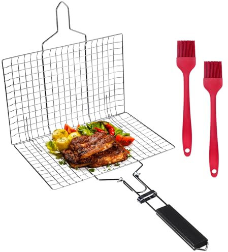 OBYCPIN Cestello per Barbecue in Acciaio Inox, 32 x 22 cm Design Pieghevole e Portatile con 2 Spazzole in Silicone, per Pesce, Carne, Verdure e Gamberetti