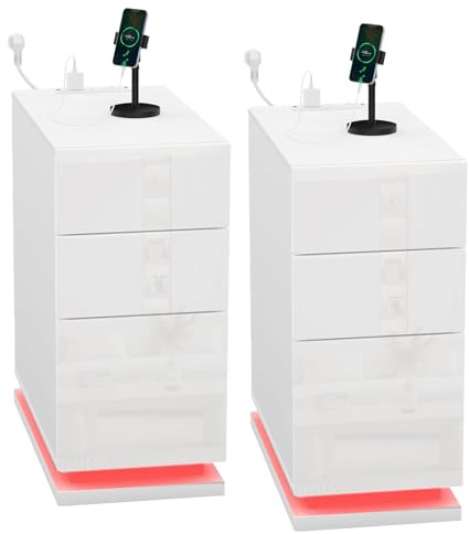 HaodaCulture Nachttisch Schmal 2er Set, Nachttisch Weiß Hochglanz mit LED, Einstellbare 16 Farben, 2 AC Steckdosen, 2 USB Anschlüsse, Beistelltisch Nachtschrank für Schlafzimmer Wohnzimmer
