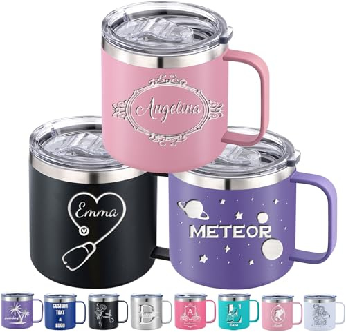 Akmxem Tazza da caffè personalizzata 350ML/410ML con coperchio e manico, bicchiere termico personalizzata in acciaio inox con nome inciso, testo, logo e foto mantiene freddo/caldo