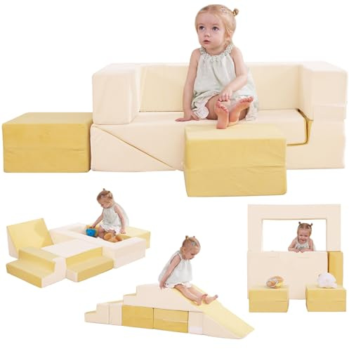 HAHASOLE Kids Couch, Modular Toddler Couch, Kids Sofa with Ottomans, Foam Play Blocks, Climbing Playset with Slide Stairs, Convertible Plush Sofa for Playroom