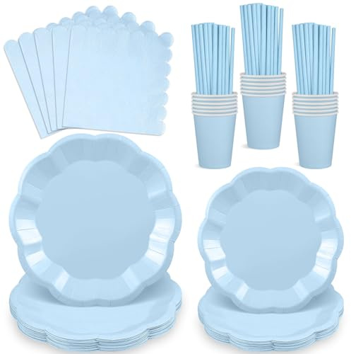 Set di 125 pezzi di piatti e tovaglioli di carta azzurri, servizio da tavola per feste di Pasqua azzurre per 25 ospiti include piatti, bicchieri, tovaglioli e cannucce per matrimonio, baby shower per