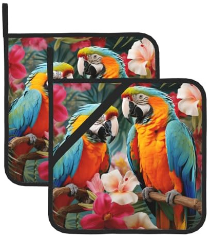 Topflappen für die Küche, hitzebeständig, mit Taschen, tropische Pflanzen und Papageien, Topflappen, Ofenpads, rutschfeste Topflappen zum Kochen, Backen, Mikrowelle, Grillen, Küchenzubehör, 20,3 x
