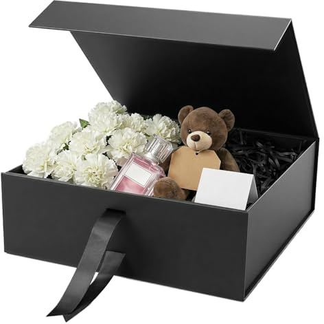 QWORK® Stor presentask 33 x 25 x 12 cm med magnetlås och band – förstärkt kartong för bröllop, födelsedag och jul, inklusive strimlat papper