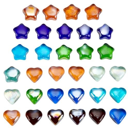 PH PandaHall 30pcs Pierres de Verre Marin, Galets en Verre Colorés en Forme de Cœur et d'Étoile, Cailloux de Remplissage pour Vase, Gravier d'Aquarium et de Réservoir à Poissons, 500g