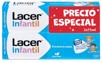 LACER Barn tandkräm Pack 2 x 75 ml, tandkräm för barn från 6 månader till 6 år, förhindrar karies, fluorformel plus kalcium, tar hand om mjölktänderna