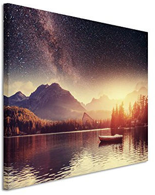 Paul Sinus Art Kunstfoto auf Leinwand 60x40cm Sternenhimmel über See mit einsamen Boot exklusives Wandbild moderne Fotografie für ihre Wand in vielen Größen