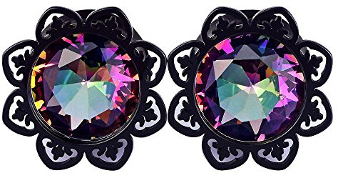 Longbeauty 2 Stück 316L Edelstahl Ohr Tunnel Plugs 8mm-14mm Edelstein Flesh Tunnel Blume Unisex Ohr Piercing Schmuck Schwarz Silber Rosegold Körperschmuck Damen Herren, 12mm