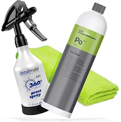 detailmate Auto Polster Reinigung Set - KochChemie POL Star - Textil-, Leder & Alcantarareiniger 1 Liter - Made by Kwazar Mercury Super PRO+ 360 Grad Sprühflasche 0,5L, Double Trigger - Mikofasertuch