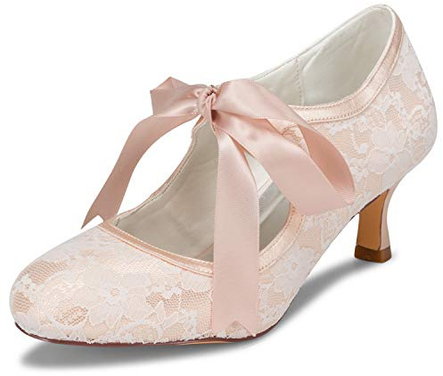 JIAJIA 14031 Hochzeitsschuhe Brautschuhe Spitze Damen Pumps Farbe Champagne,Größe 37 EU (4 UK)