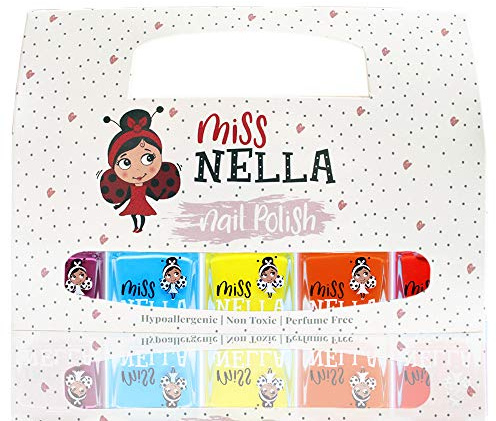 Miss Nella Summer Time 5 Varnish set- Little Popper- purple, Mermaid Blue- blue, Sun Kissed- yellow, Poppy Fields- orange, Strawberry Cream- red, Peel Off kids Nail Polish