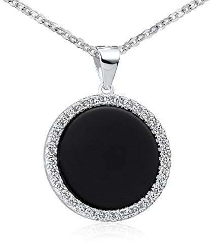 Onyx Anhänger Silber 925 rund mit Kette für Damen KA-456 | Schwarzer Kettenanhänger mit Zirkonia aus 925 Sterling Silber rhodiniert mit Kette in 40-70cm von MATERIA by Matthias Wagner