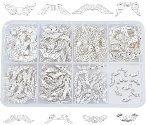 PandaHall 160 stücke 8 Stile Engelsflügel Basteln Flügelform Tibetischen Stil Legierung Perlen Charme Spacer Perlen für Armband Halskette Schmuck DIY Handwerk Machen, silber
