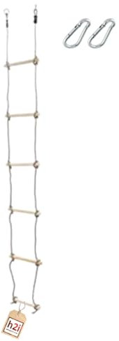 h2i Échelle en Corde pour Enfants - 6 Barreaux en Bois, Suspendue Avec Mousqueton - Jouet d'Escalade d'Extérieur - Hauteur 220 cm