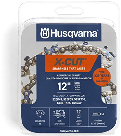Husqvarna X-Cut S93G 12 Inch Chainsaw Chain, 3/8 Mini Pitch, .050 Gauge, 45 Drive Link Chainsaw Blade Replacement, Pre-Stretched and Low Kickback, Gray
