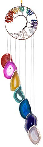 KYEYGWO 7 Chakra Healing Crystal Wall Hanger Ornament Handmade Tree of life with Agate Slice Wind Chime for Window Home Wedding Souvenir Decoration