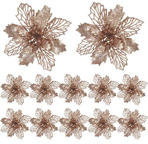 Christbaumschmuck Glitter Poinsettia 12 Stücke Weihnachtsschmuck Baumschmuck Künstliche Weihnachtsblumen Deko für Weihnachtsbaum Weihnachtskranz Ornamente (Champagner)