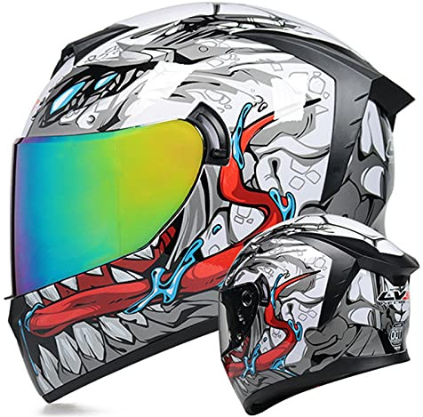 Integral-Motorradhelm Doppelvisier ECE/DOT-Zugelassen Integralhelm Für Männer Frauen Bunter Leichter Moto Cross-Helm Junge Männer Und Frauen Helm Mit Grafik White Grey,XL