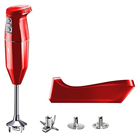bamix Frullatore a immersione cordless PLUS, Base di ricarica, Lama, Frusta, Frullino in acciaio, 250 watt, 3 velocità, Made in Switzerland, Rosso