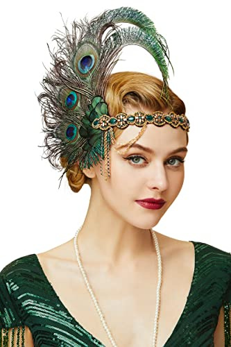 BABEYOND 1920s Flapper Headband Peacock Feather Headpiece Gatsby Accessories for Women Sequined Showgirl Headpiece (Style-9)