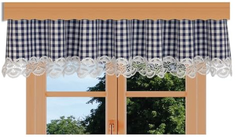 kollektion MT Querbehang Hannah mit Vogtländischer Spitze – hochwertige Landhaus-Gardine blau-weiß kariert | rustikaler Baumwollstoff Blickdicht | Volant mit Reihband Höhe x Breite 30 x 160 cm