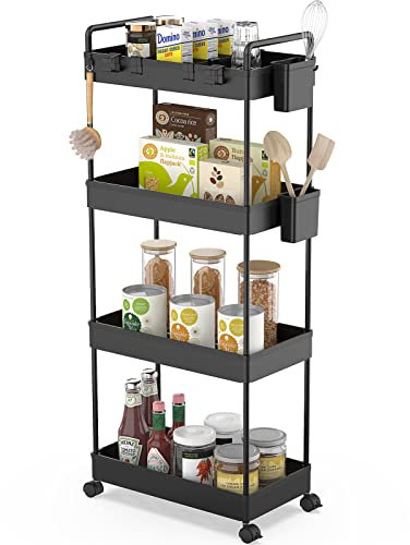 Ronlap Rollwagen Küchewagen mit 4 Ebenen, Servierwagen mit Aufhängebecher, Separator, Haken, Regal auf Rollen für Küche, Schlafzimmer, Büro, Schwarz