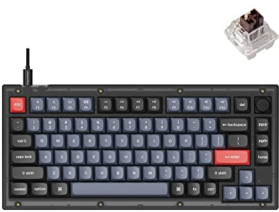 Keychron V1 Kabelgebundener mechanischer Tastaturknopf, 75% Layout QMK/VIA programmierbar, mit Hot-Swap-fähiger Tastatur K Pro Braun, kompatibel mit Mac Windows Linux (mattschwarz-durchscheinend)