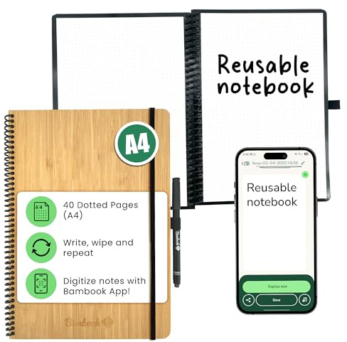 BAMBOOK Classic Notizbuch - Bambus-Holz Hardcover - A4 - Gepunktet, Wiederverwendbares Notizbuch, Notizblock, Reusable Notebook