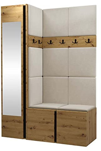 Mirjan24 Garderoben-Set Monati X, Kleiderschrank mit Spiegel, Schuhschrank + 2X Kleiderhakenbrett Gepolstertes Paneel/Wandpaneel, 6 Doppelhaken Flurgarderobe (Eiche Artisan/Schwarz, Manila 02)