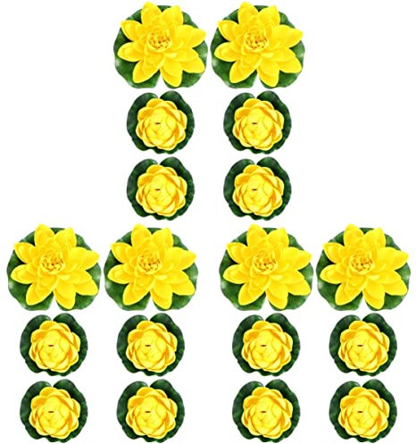 ULTECHNOVO 18stücke Künstliche Lotusblumen Schwimmende Teichrosen Gelb Für Garten Und Aquariendekoration Wasserpflanzen Für Innen Und Außen