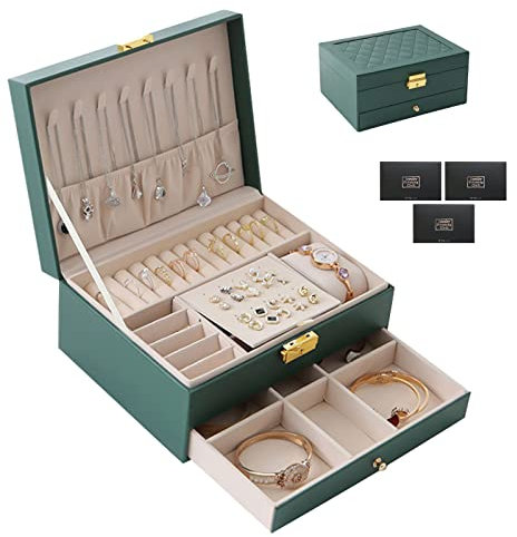 TAVADA Schmuckkästchen,Schmuckkasten,2 Ebenen Schmuckaufbewahrung schmuckschatulle Reise PU-Leder,Schmuck Organizers Damen Mädchen für Ringe,Ohrringe,mit Schloss und Schlüssel,Dunkelgrün