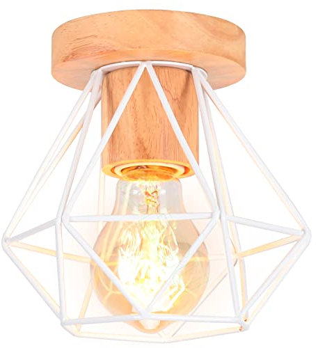 iDEGU Plafonnier Industriel en Bois Métal Design Cage Vintage Lustre Suspension Blanc Abat-Jour Luminaire E27 Rétro Lampe de Plafond de Rendu pour Chambre Salon Café Bar Entrée Couloir (Cage-A, 16cm)