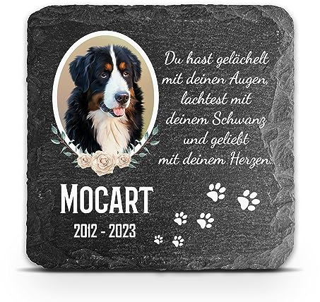 TULLUN Personalisierte dunkelgraue Gedenktafel für Haustier Katze Hund Schiefer Stein Grab Marker - Größe 10 x 10 cm - Foto mit Blumenrahmen