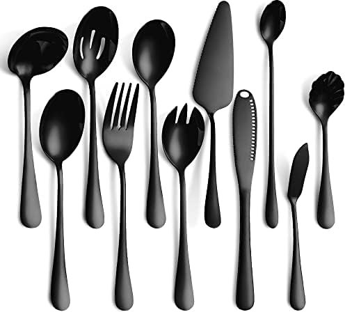 Set di posate da portata da 11 pezzi, in acciaio inox, include paletta per torta, cucchiaio da portata scanalato, cucchiaio da portata, coltello da burro (nero)