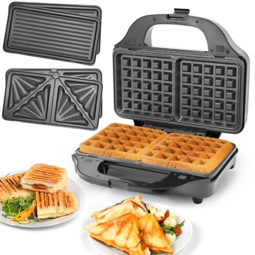 SUPERLEX Sandwichmaker 3 in 1 Waffeleisen Kontaktgrill Sandwichtoaster mit Abnehmbaren Antihaftplatten Wärmeisoliertem Griff Spülmaschinengeeignet Waffle Maker Panini Grill Schwarz 900W