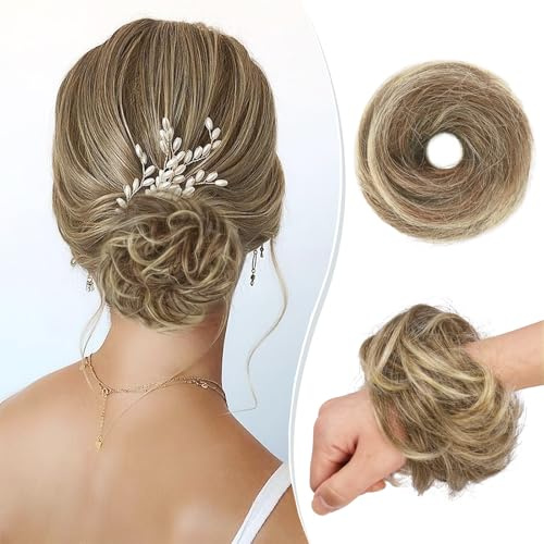 RUWISS Haarteil Lang Dünn Glattes Tousled Updo Bun Rea Echthaar Elegante Haarteile Haargummi Lang Scrunchie Verlängerungfür Damen,25g,Braun gemischt Hellblond