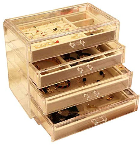 BONOOL Schmuckkästchen für Damen mit 3 Schubladen, Samt-Schmuck-Organizer für Ohrringe, Armreifen, Armbänder, Halsketten, Acryl, Grau, Schmuckkästchen für Damen