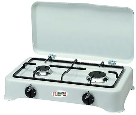 Fornello 2 fuochi a gas GPL smaltato bianco per uso esterno Made in Italy completo di regolatore di pressione e 1500 mm. di tubo gas - 5326/GP